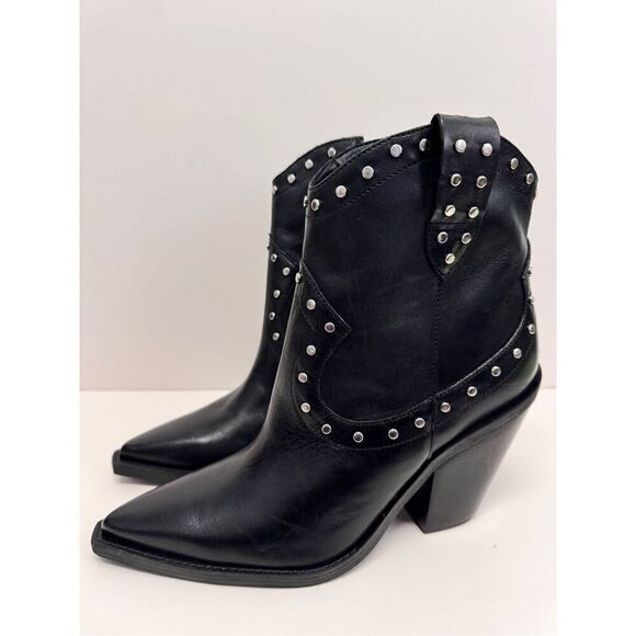Arezzo Boots Size 10B Black Leather Block Heel Studded Booties Side Zip NEW - Picture 2 of 10